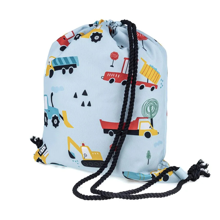 תיק שרוך תכלת עם טרקטורים